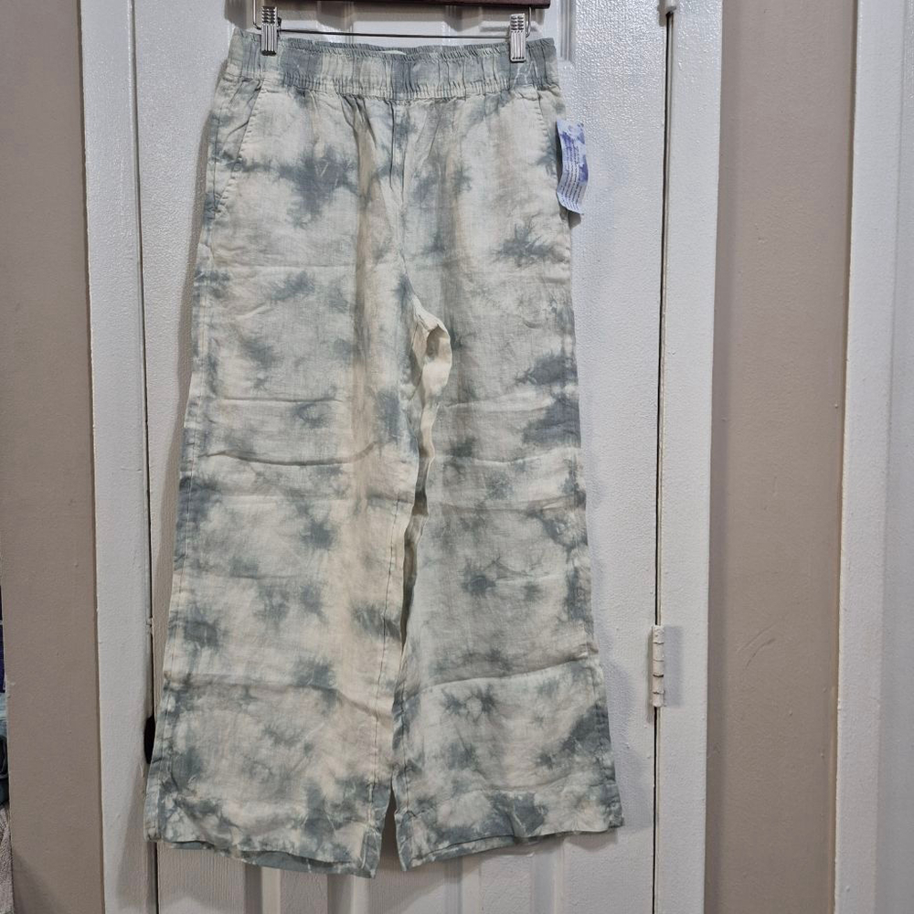 Women's Rachel Zoe White Blue Tie Dye Linen Wide Leg Pants S